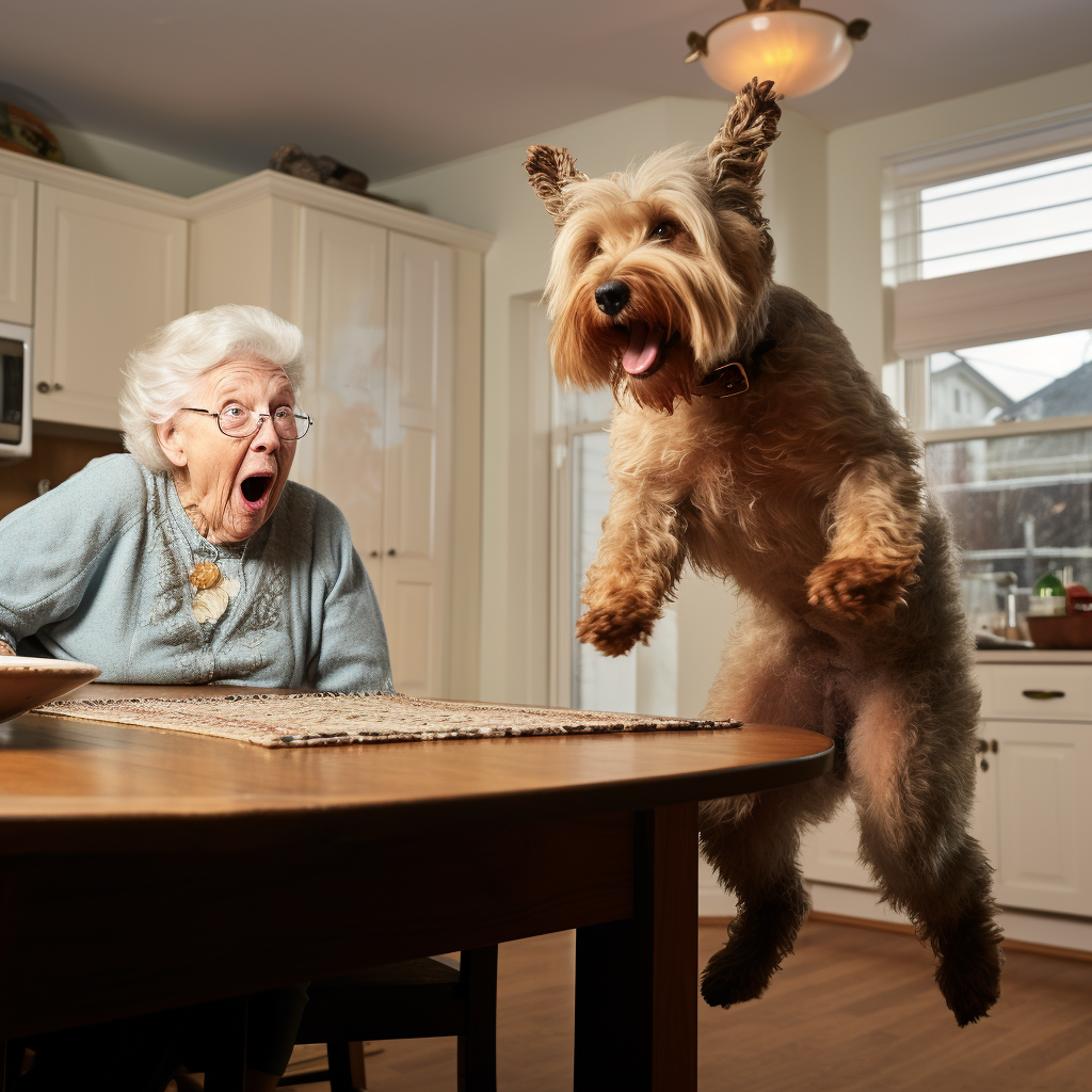 Dog leaping onto kitchen table in front of elderly woman