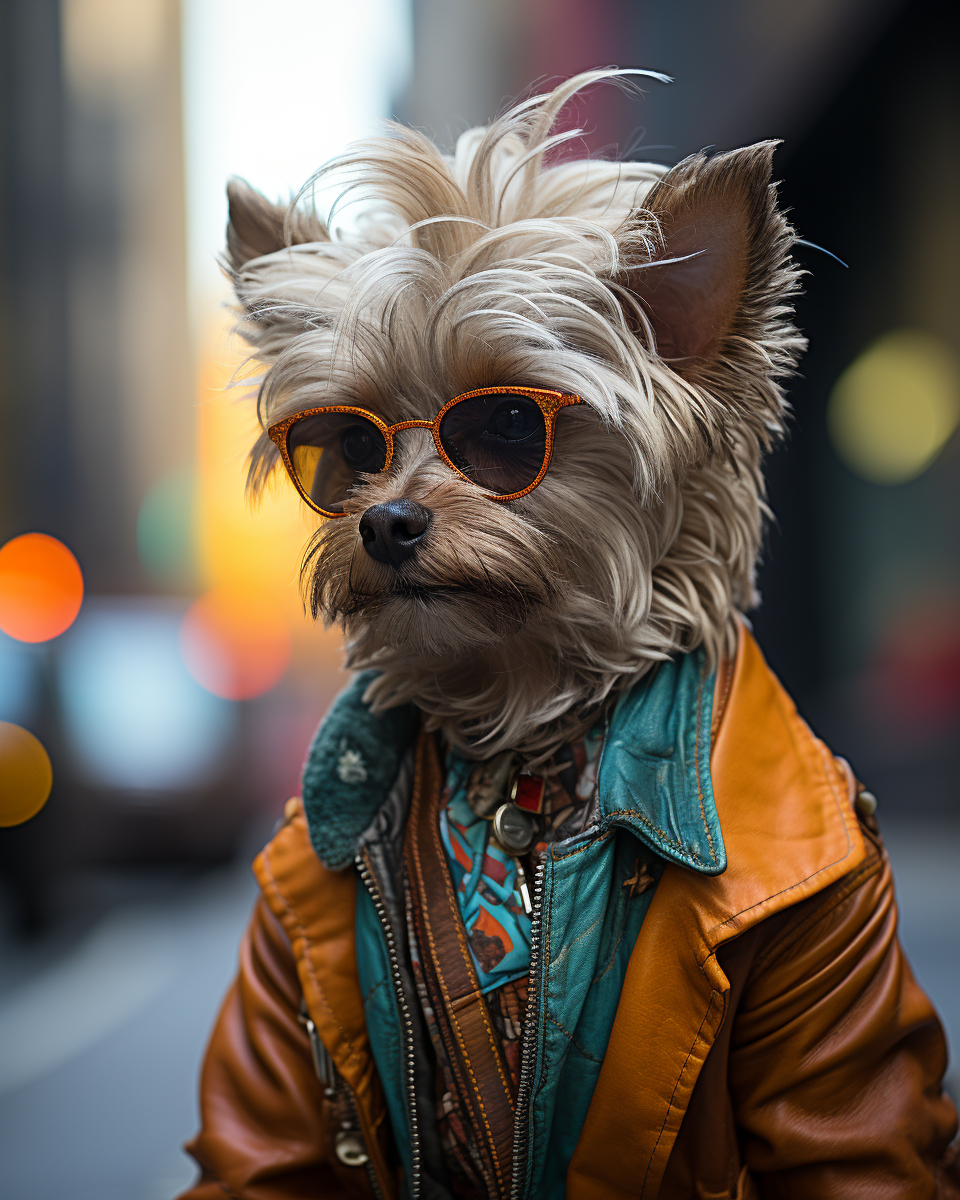 Dog-like creature wearing hipster clothes walking on busy street