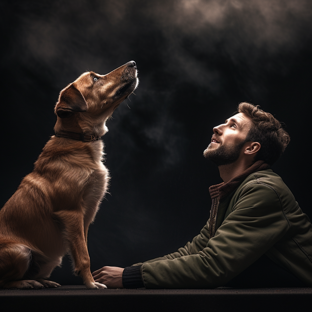 Dog looking up at owner