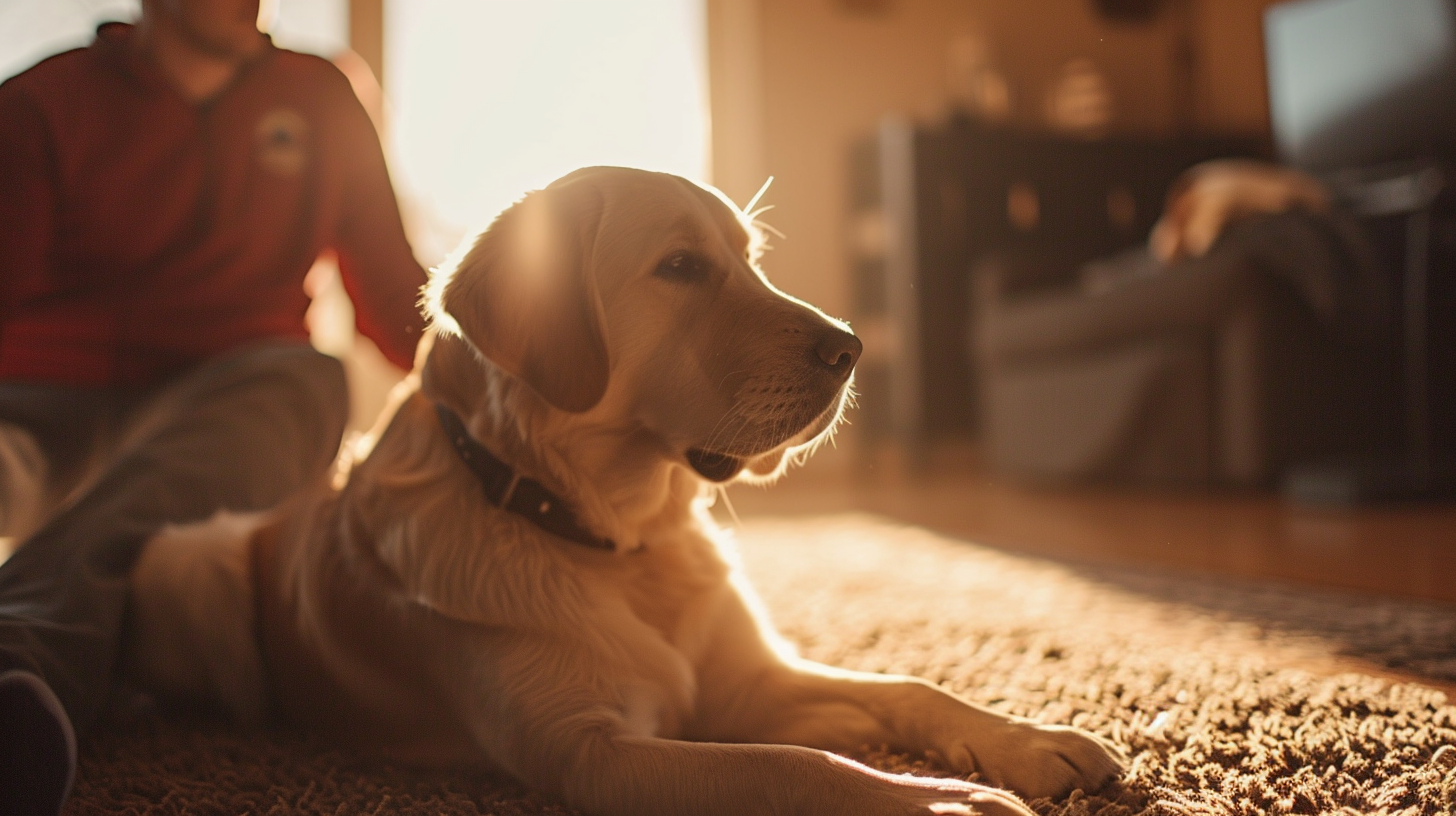 Dog and Man on Carpeted Floor in Morning Sun