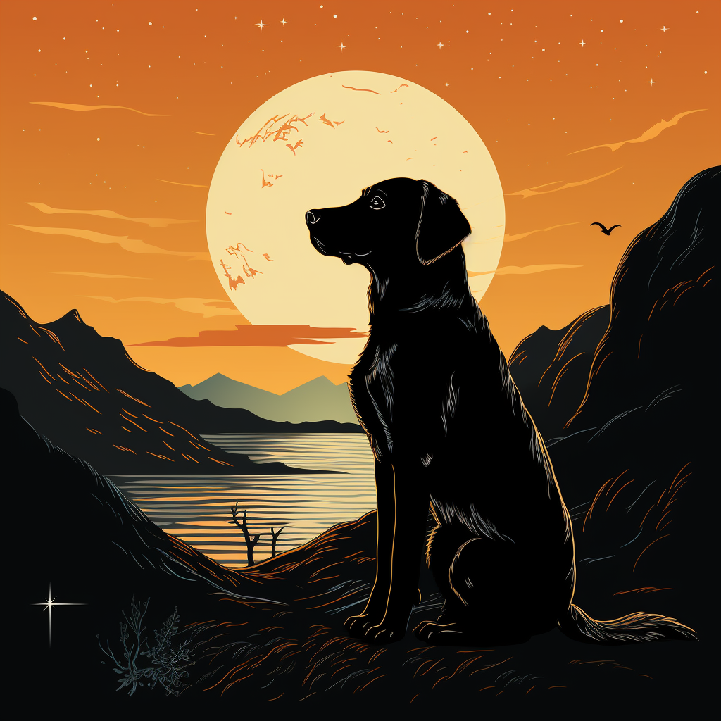 Simple black and white dog and moon illustration