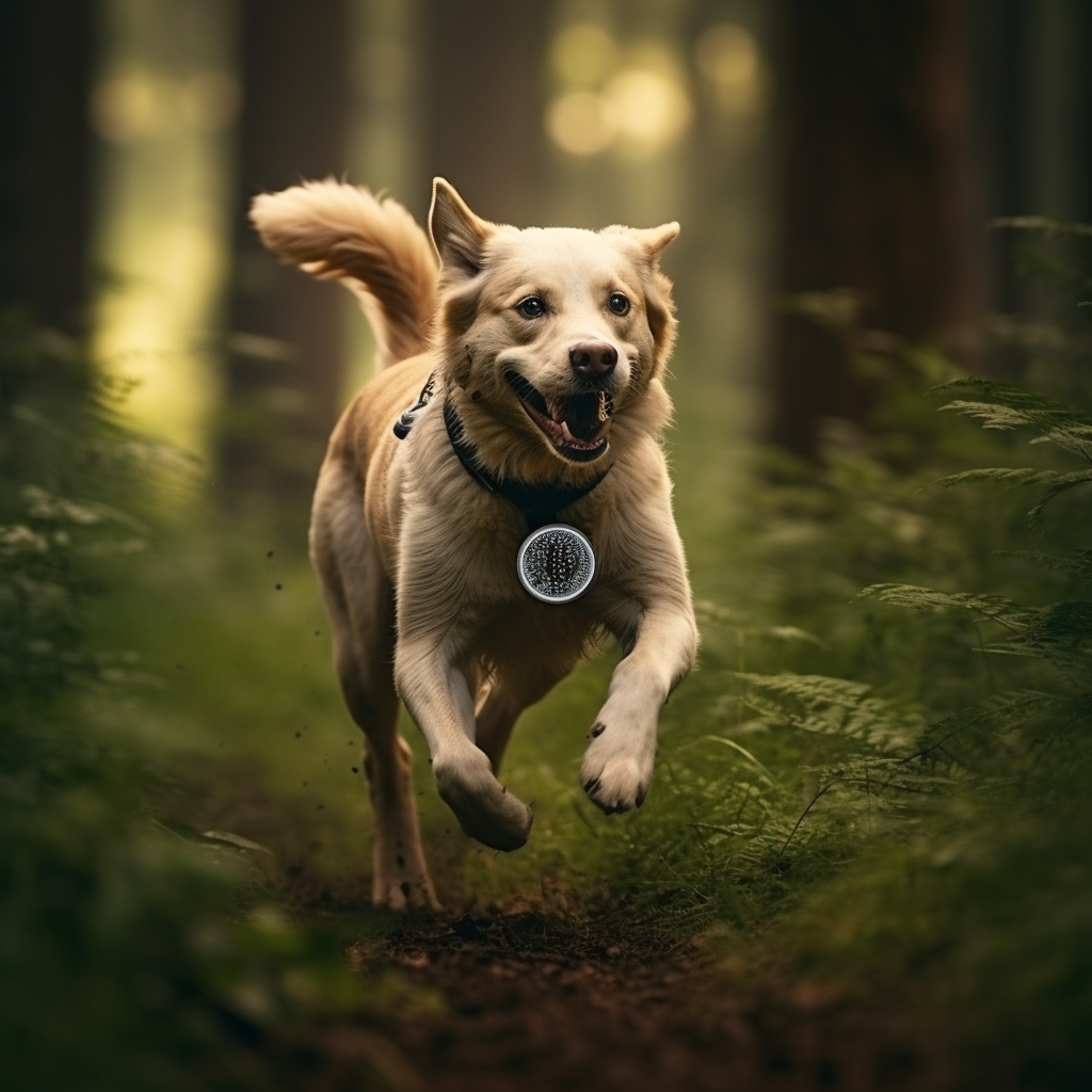 Dog running in the forest with GPS tracker