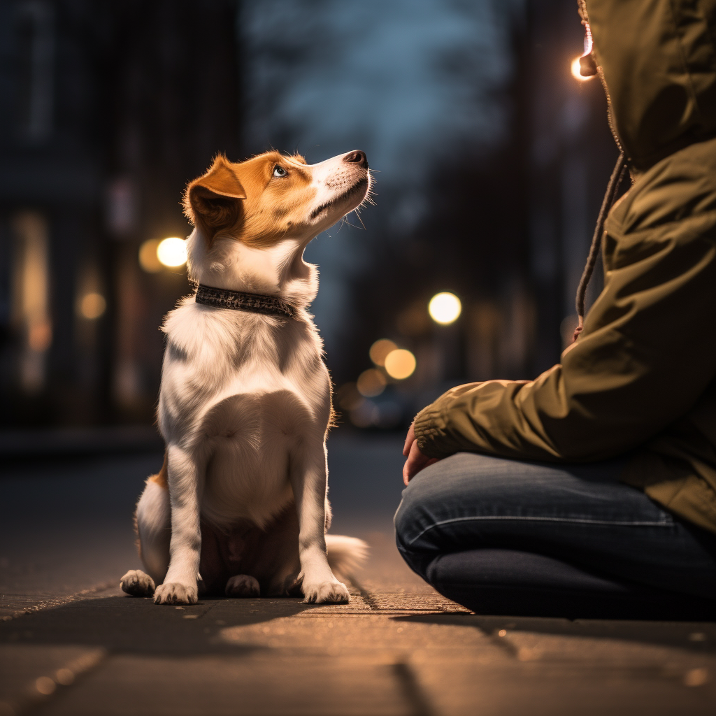 Adorable dog looking up at owner