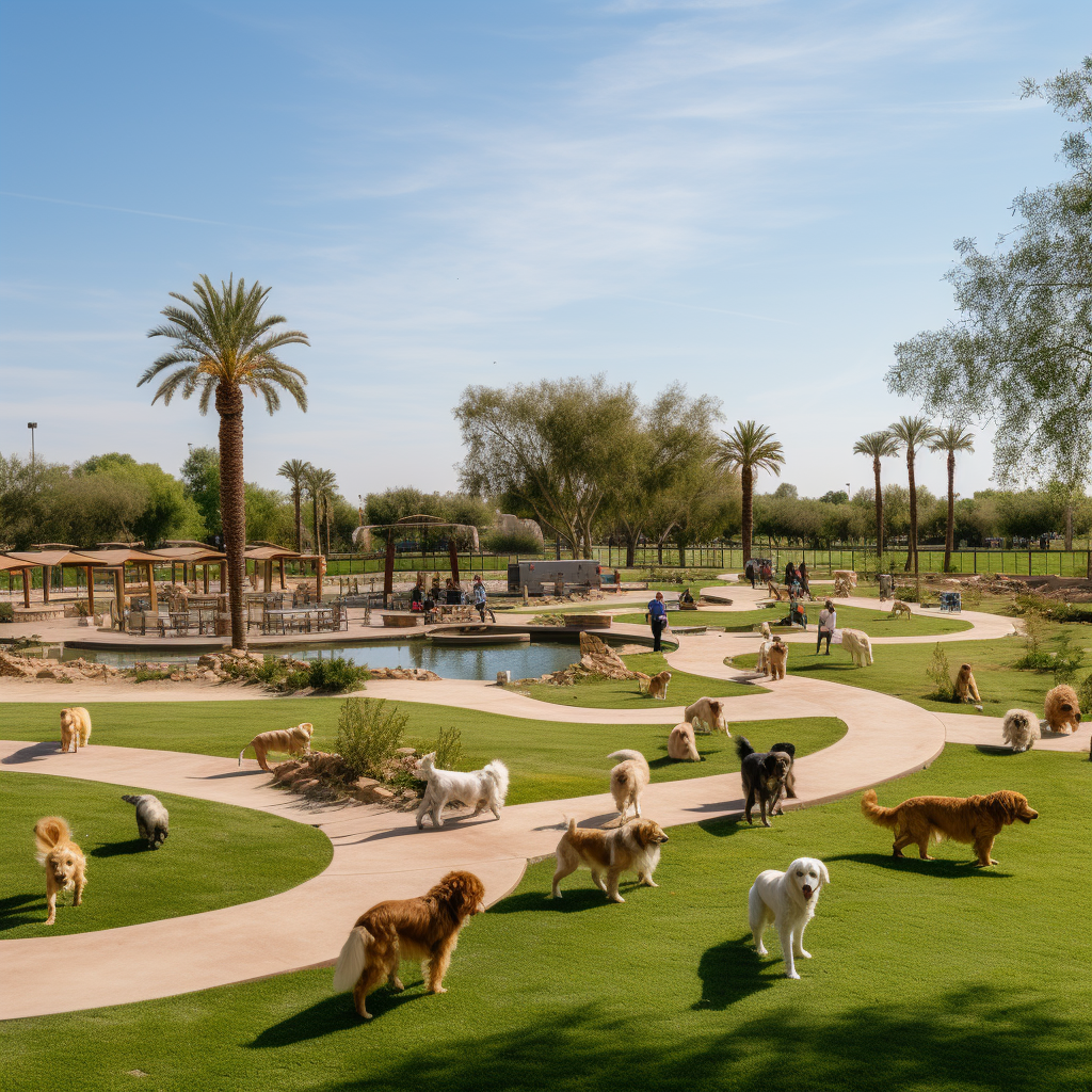 Sprawling dog park with happy pups playing