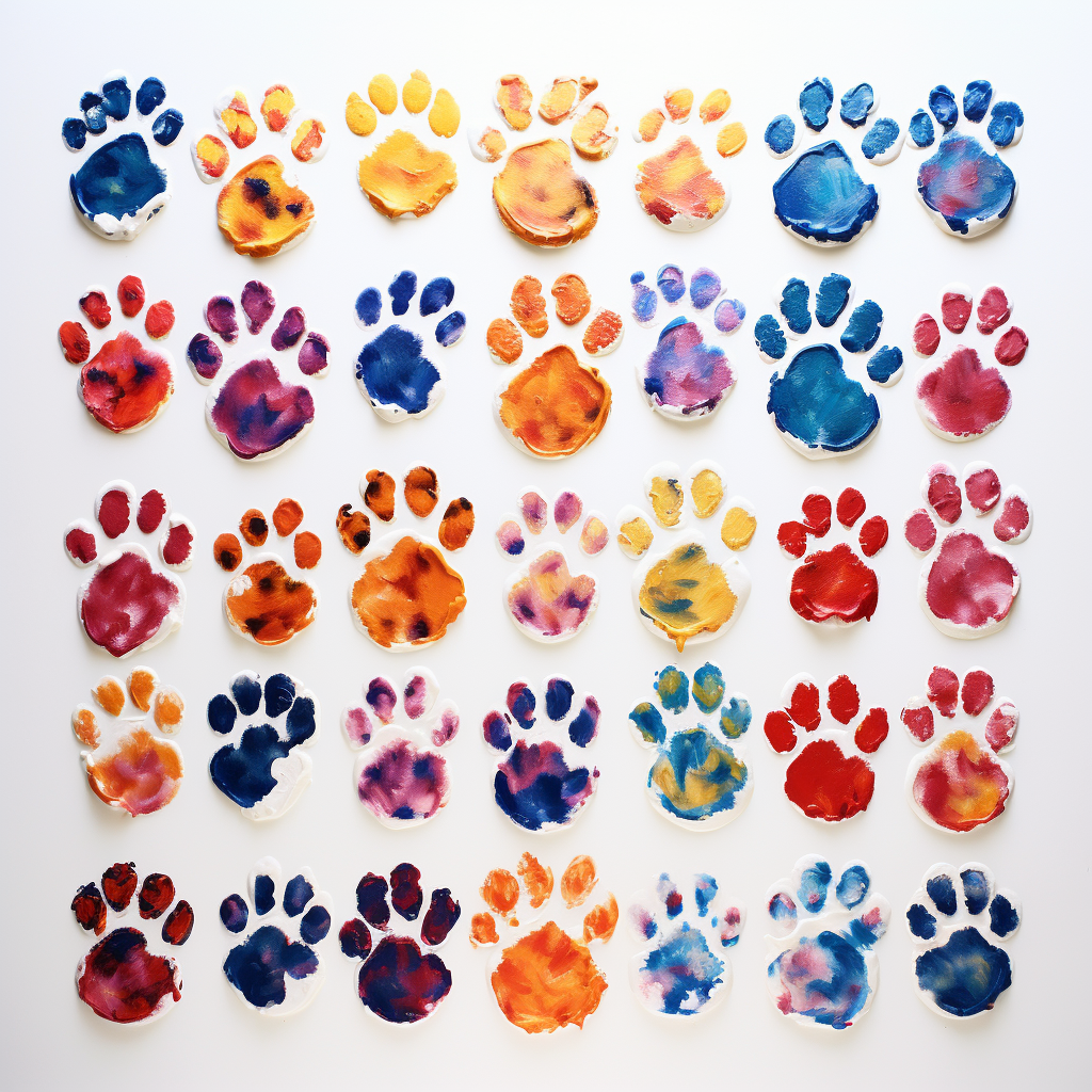 Colorful dog paw prints made with paint