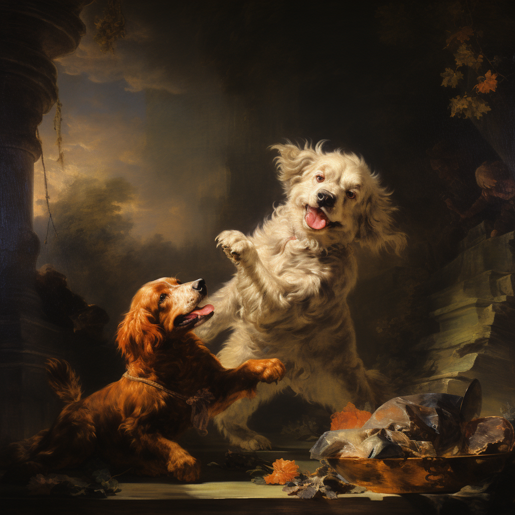 Dog playing with another in painting