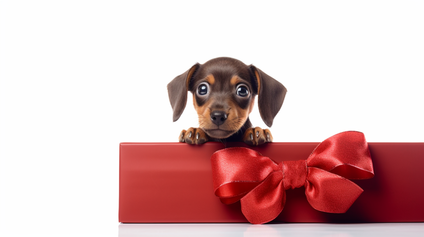 Cute dog puppy in a gift box