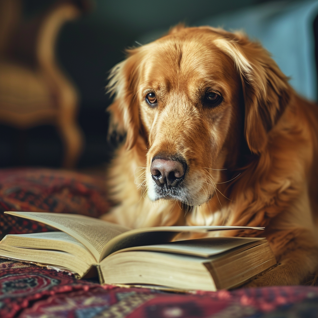 Adorable dog engrossed in book