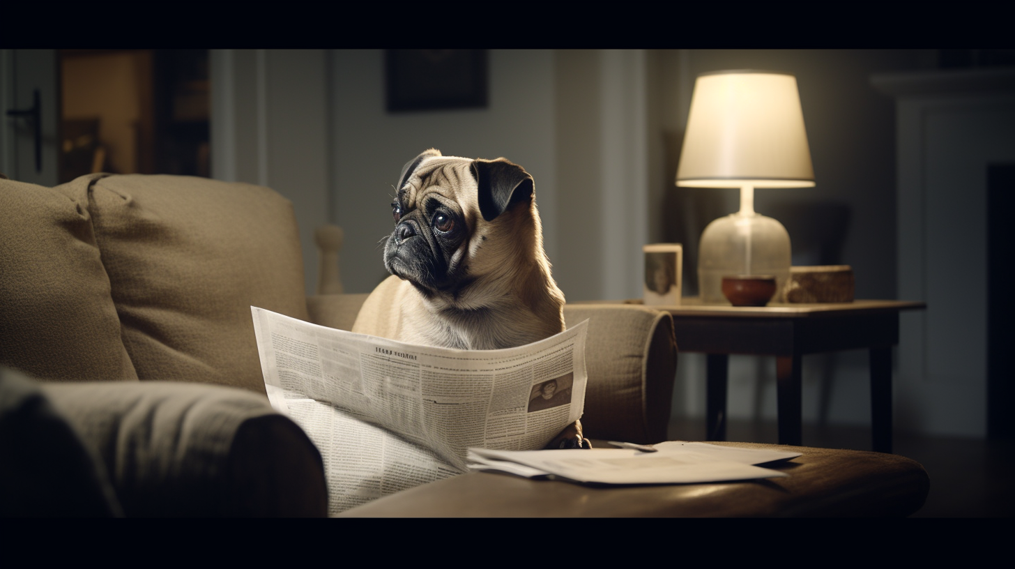 Cute dog reading newspaper in modern living room  ?