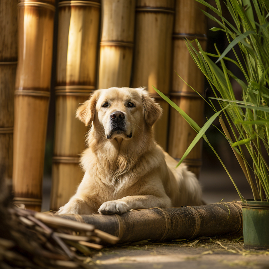 Golden Retriever Sitting Next to Bamboo Basket