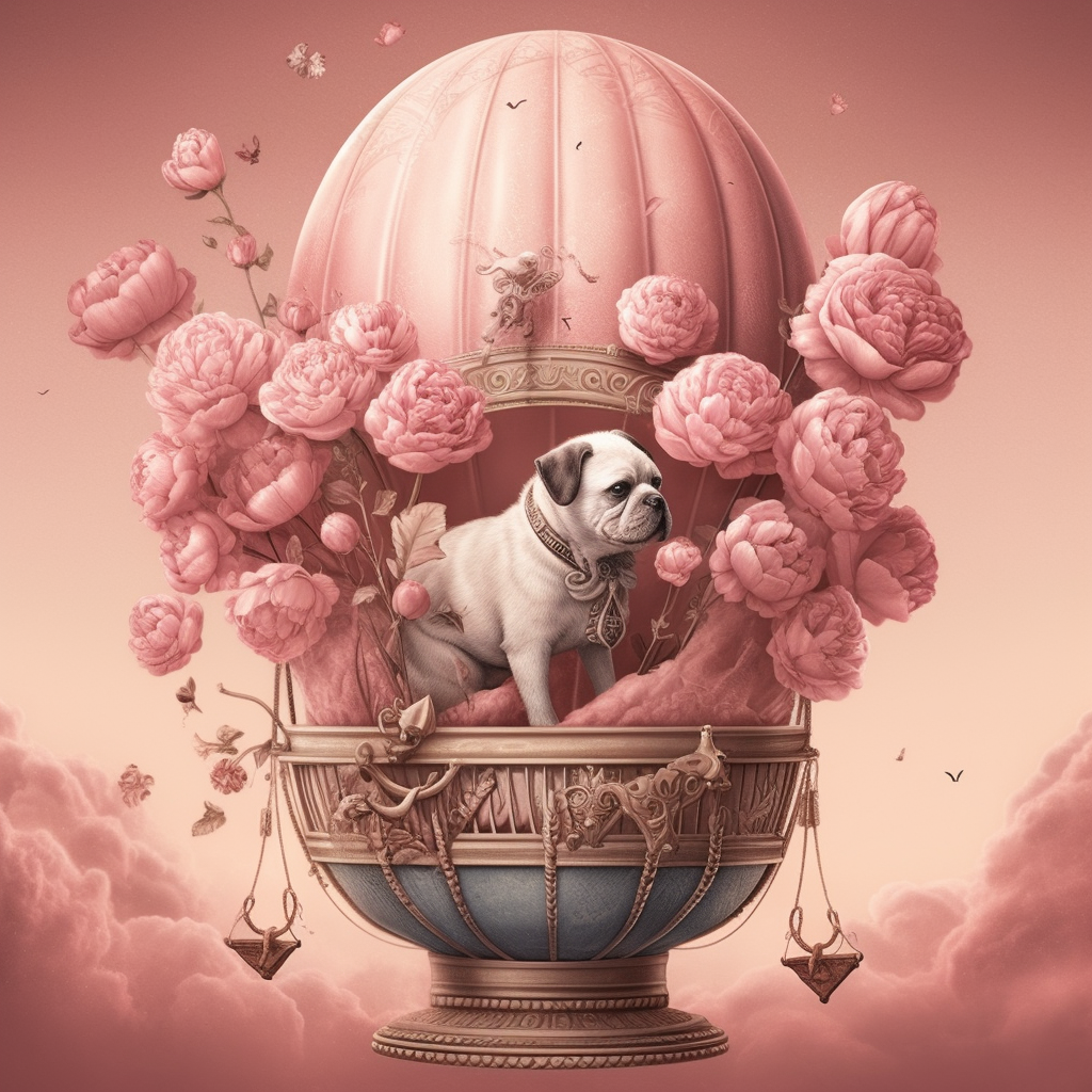 Romantic Valentine Dog in Basket with Flowers and Balloon