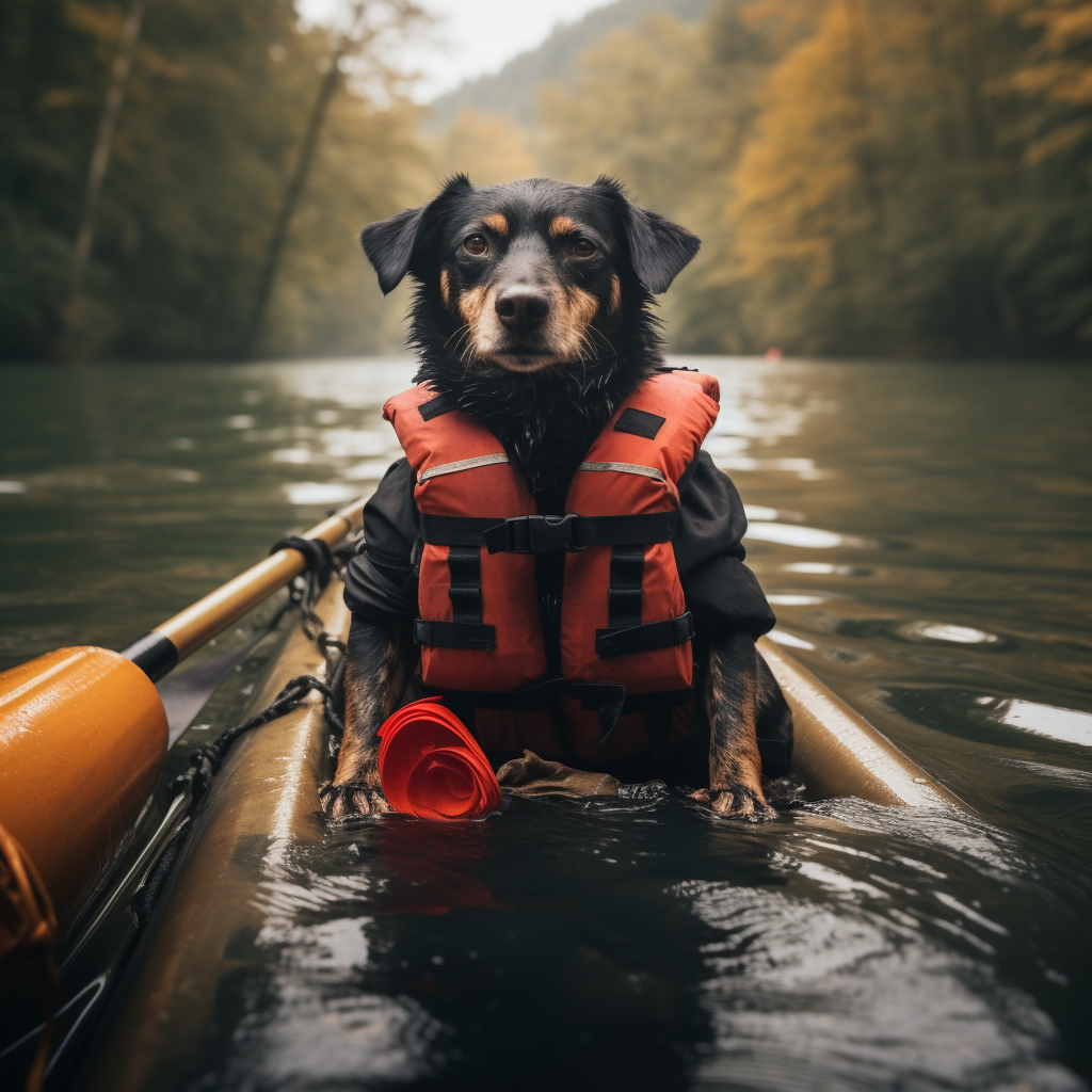 Dog in Canoe with Life Jacket