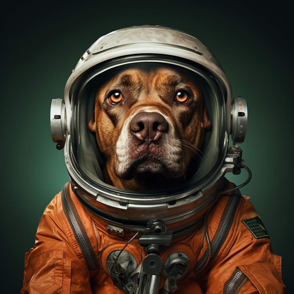 Dog wearing spacesuit in hyperrealism photography