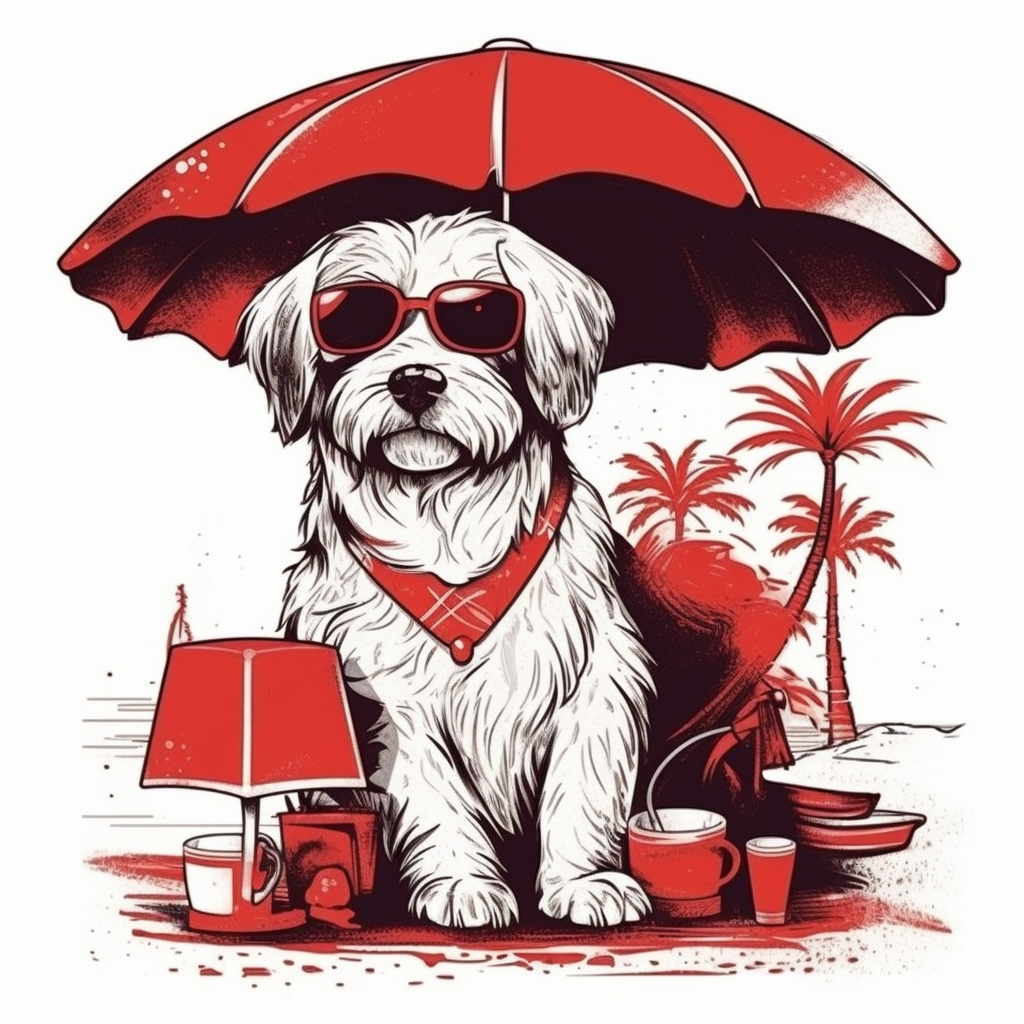 Dog wearing sunglasses with beers and umbrella