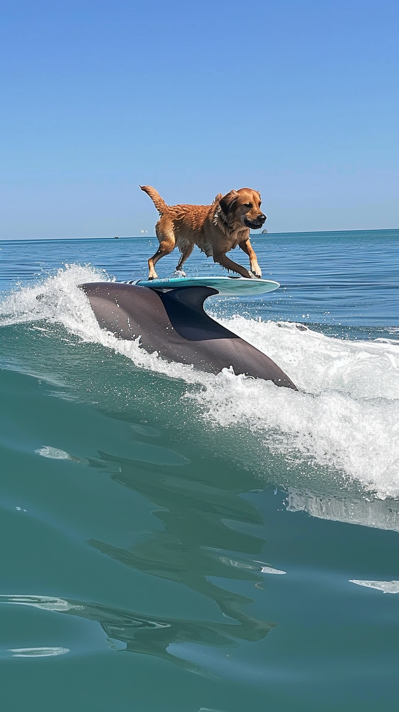 Dog surfing on a dolphin