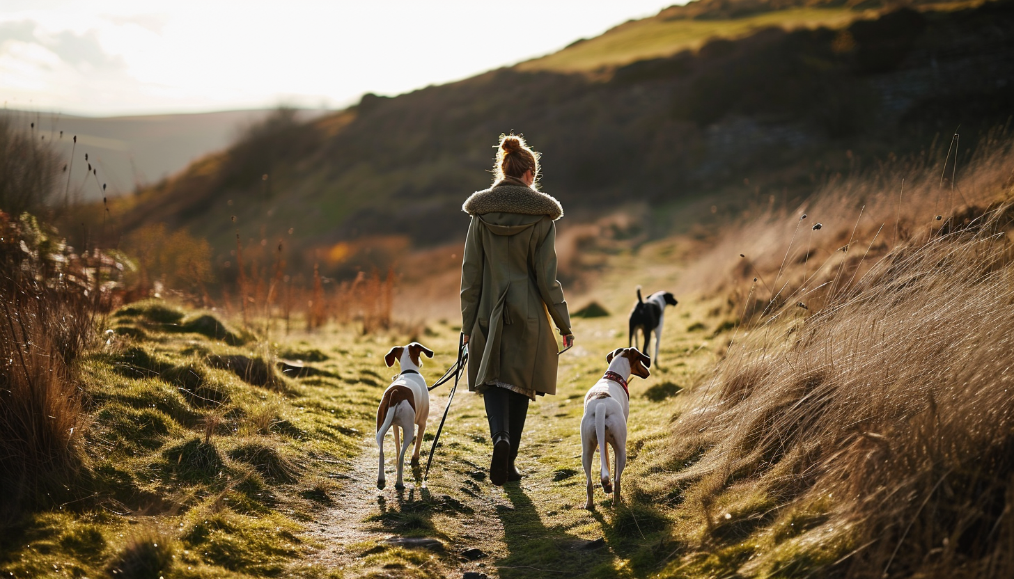 Image of a dog trainer woman with whippets in the wild