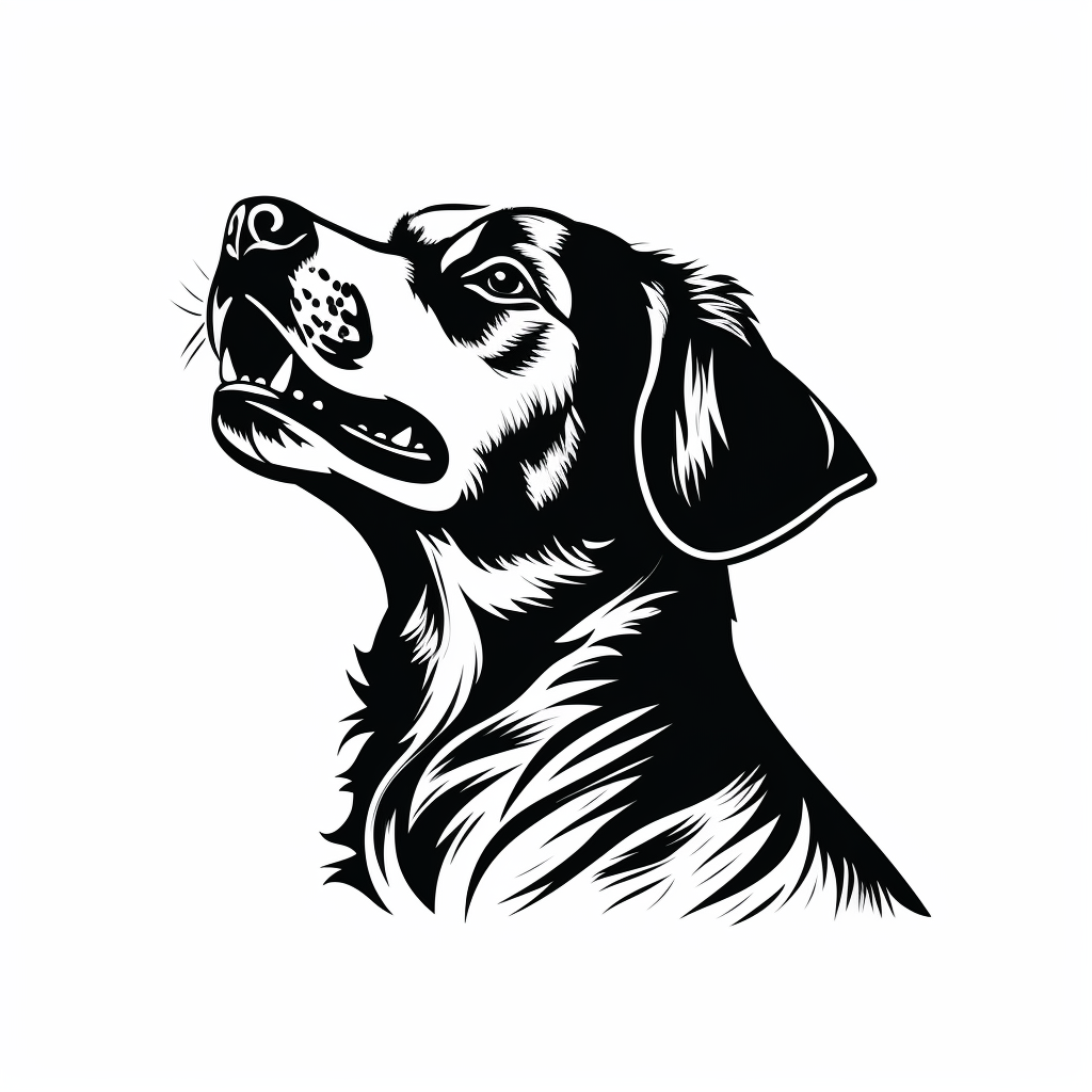 Hand-drawn black and white logo of a barking dog