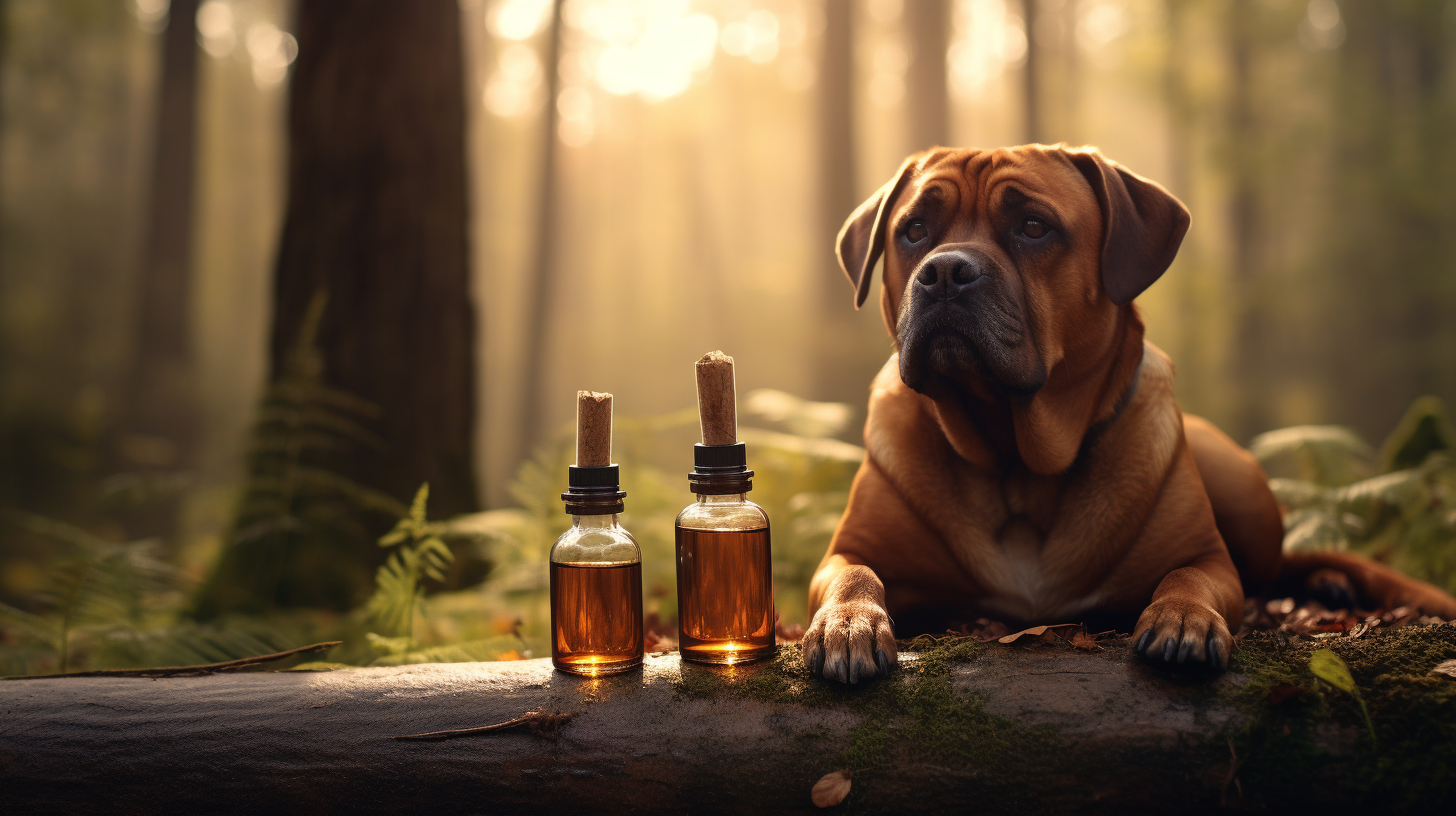 Dog with Brown Bottle in Forest