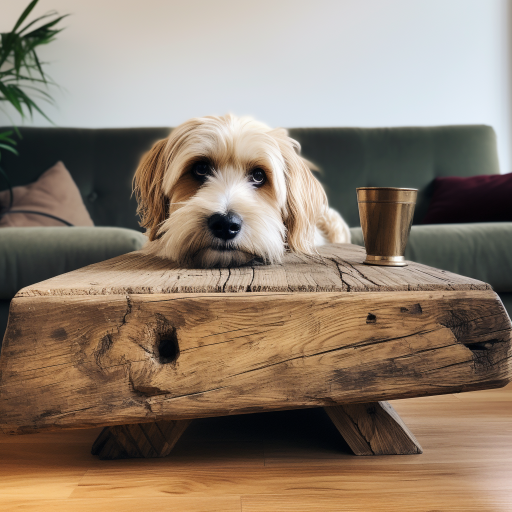 Dog happily chewing wooden coffee table