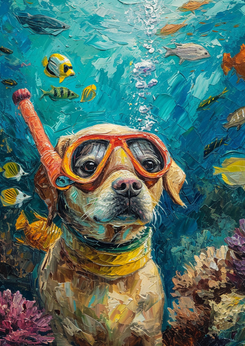 Dog in Diving Costume Swimming with Colorful Fish