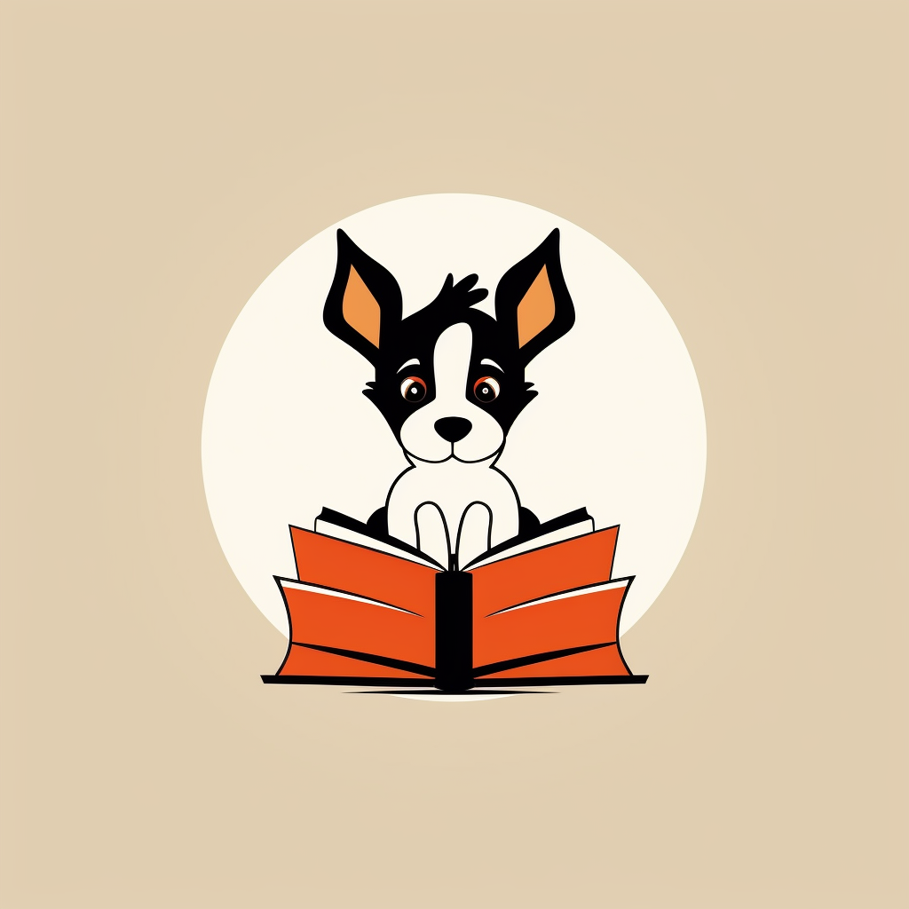 Cartoon dog reading a book with one ear down