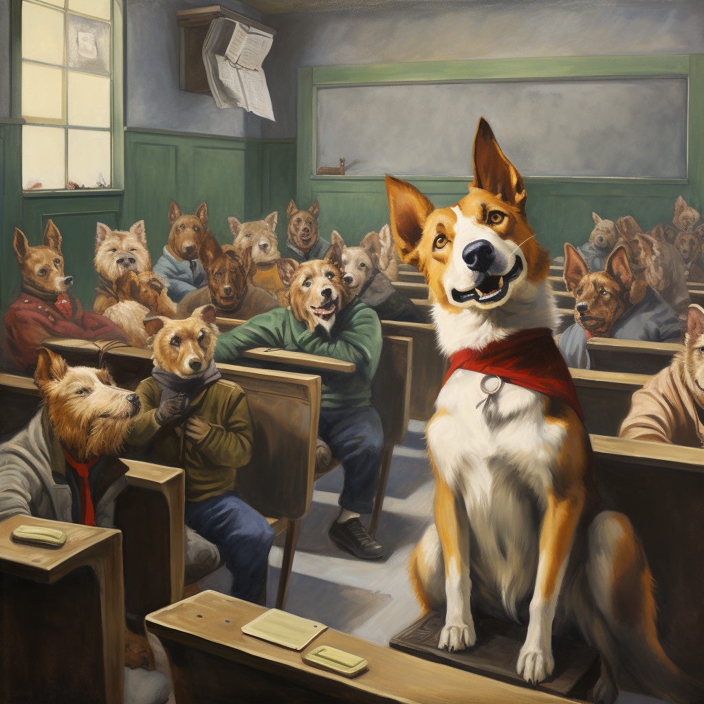 Dog entering a classroom