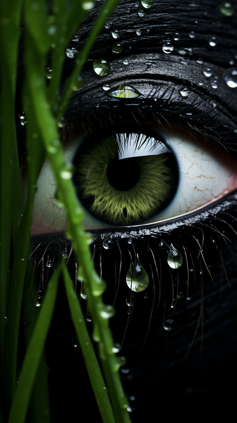 Tearful dog eye with plant and grass drops