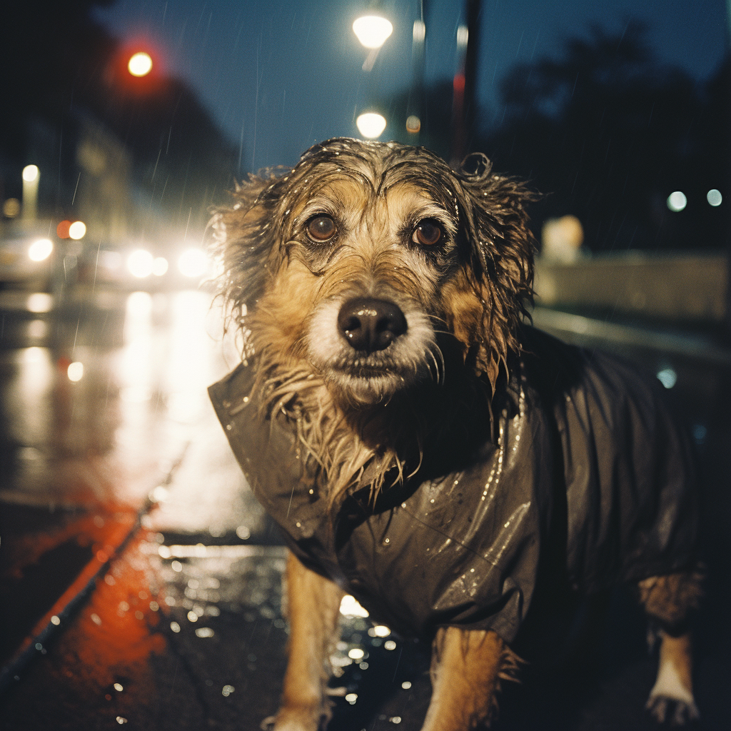 Dog Man Walking in Rain