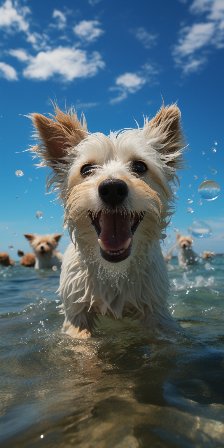 Happy dog playing with seagulls on the beach