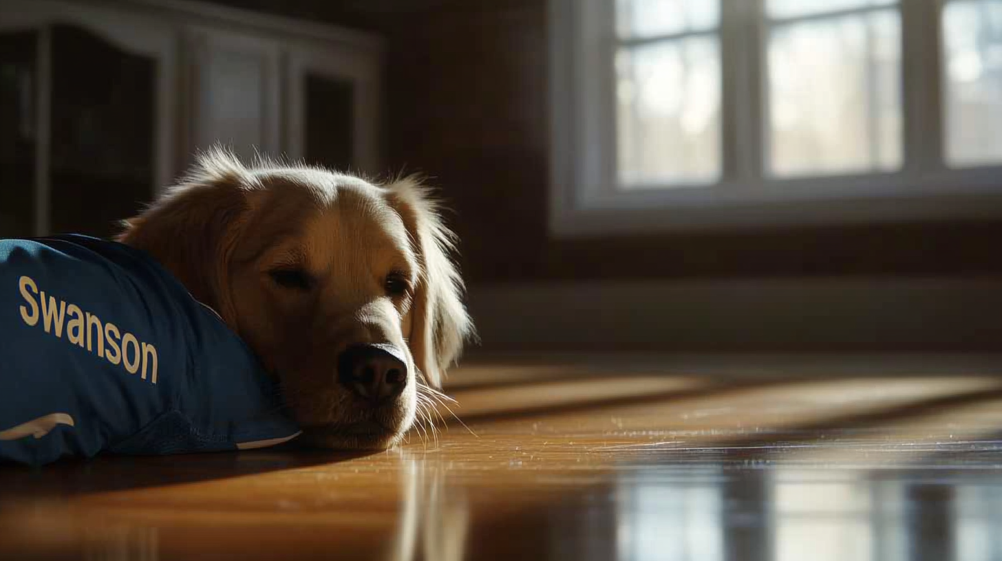 Dog in Soccer Jersey Relaxing