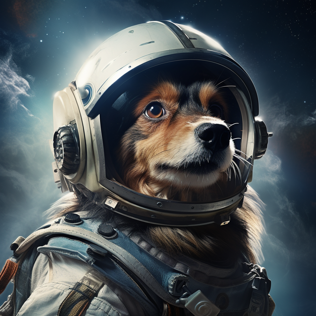 Brave dog in space suit with laser gun