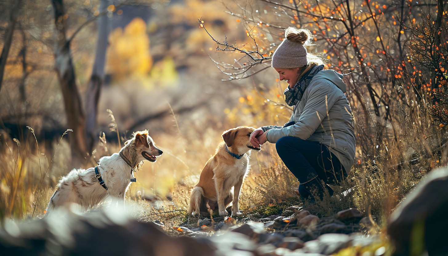 Image of skilled dog trainer with two dogs in the wild