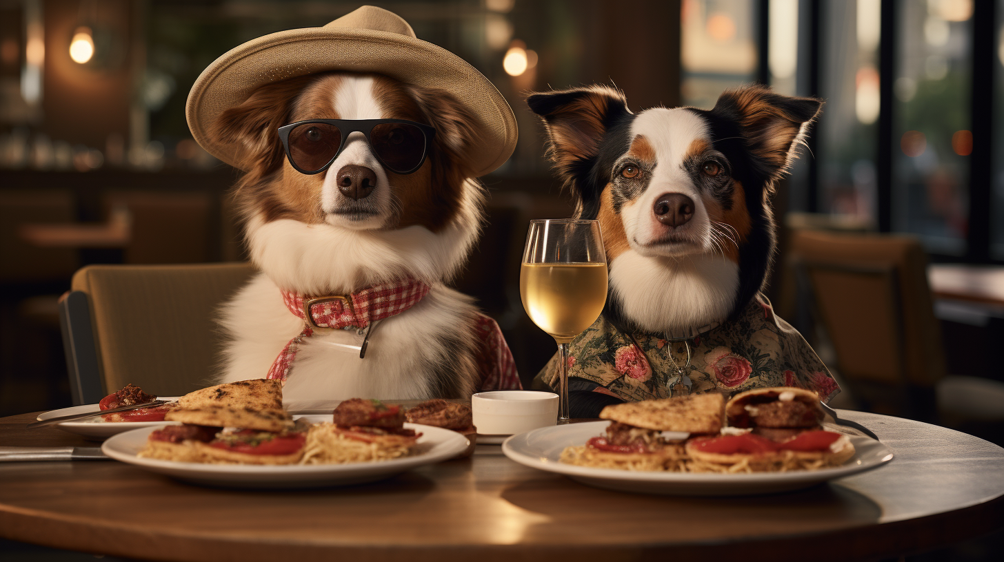 Fashionable dogs with accessories at California Pizza Kitchen