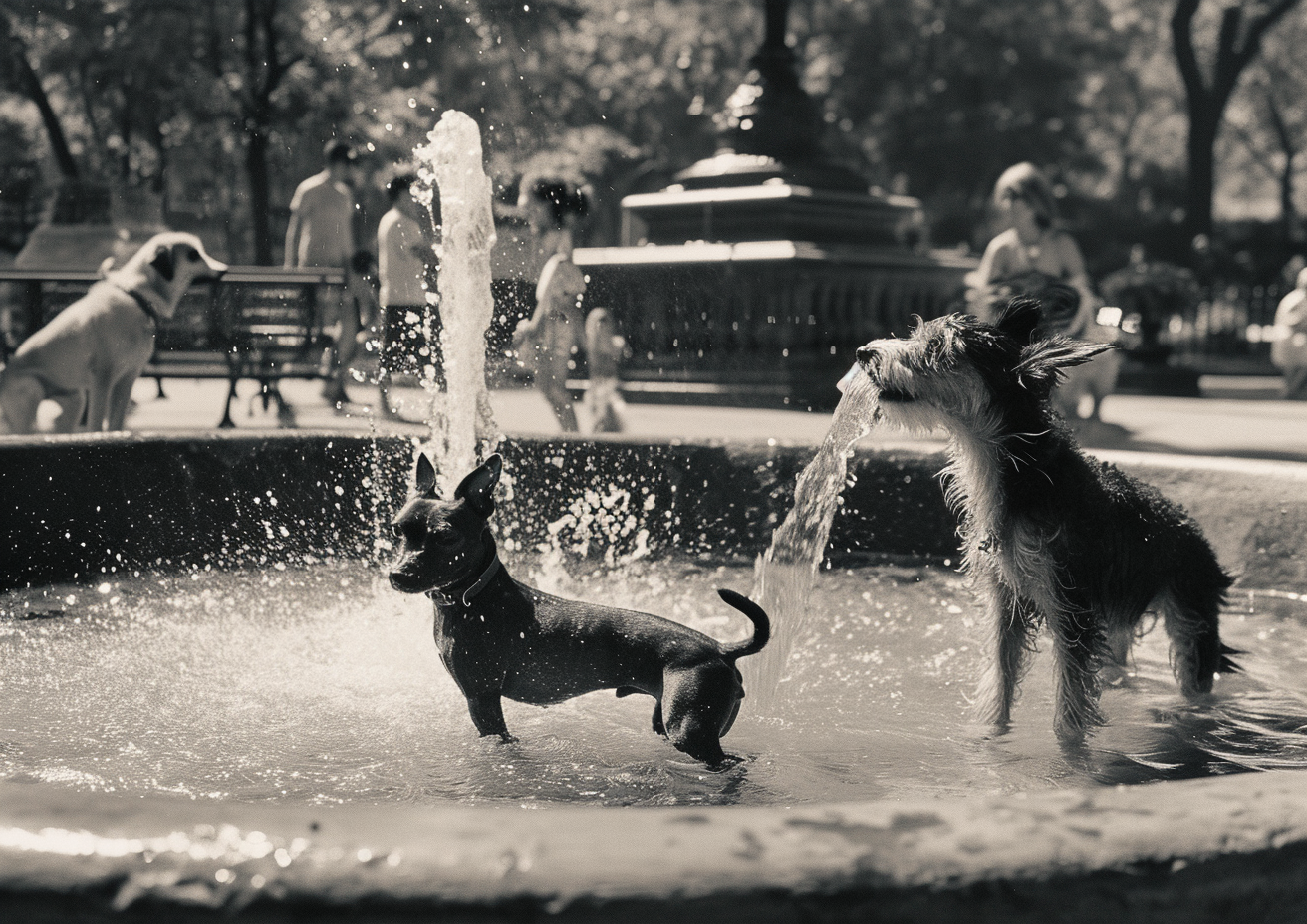 Cute dogs enjoying fountain playtime