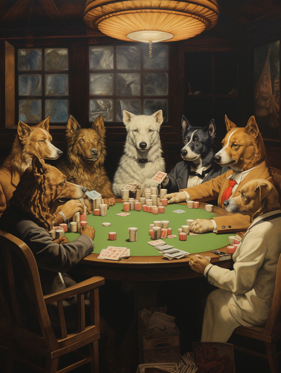 Dogs playing poker with cigars