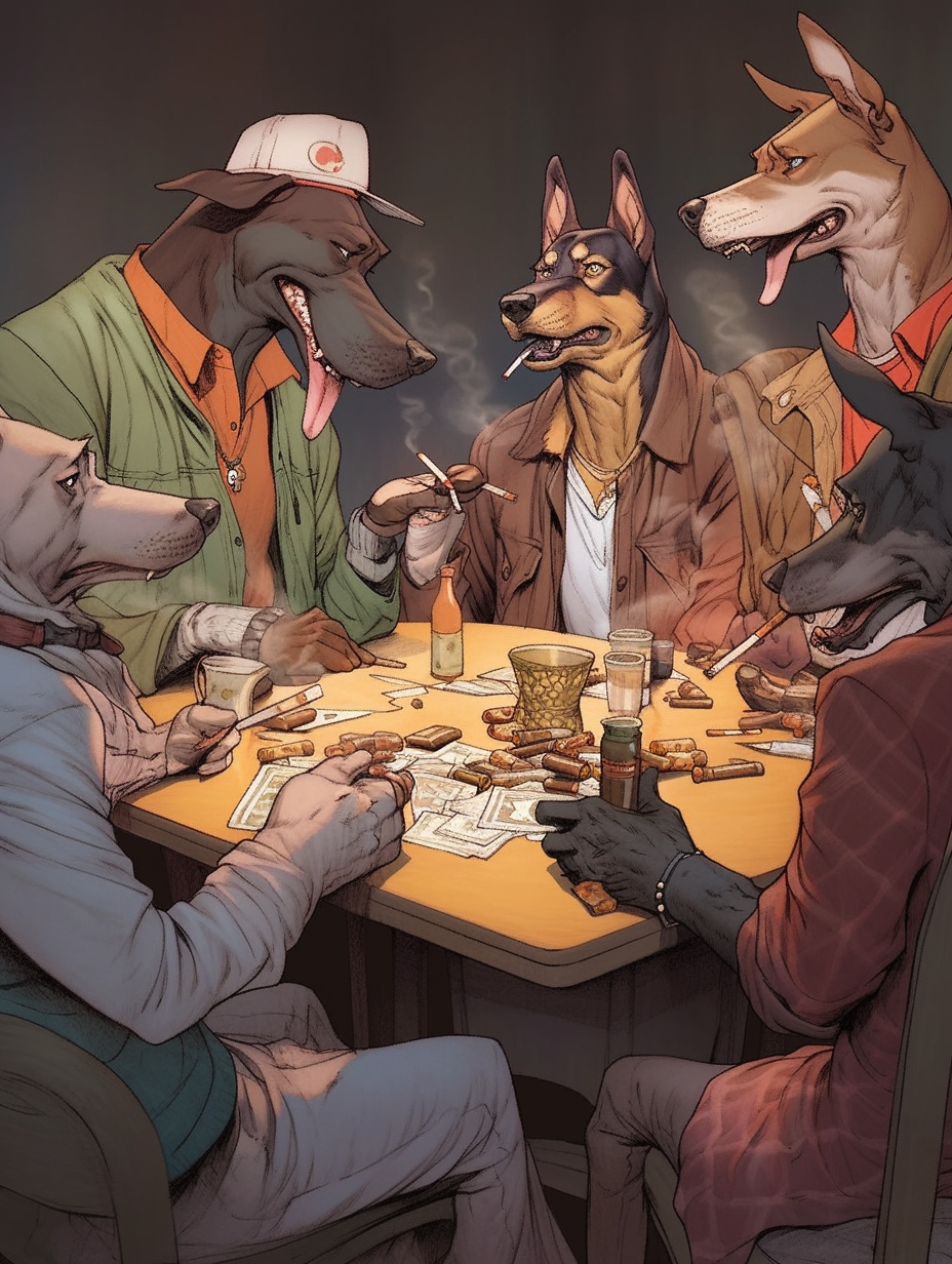 Dogs playing poker with cigars