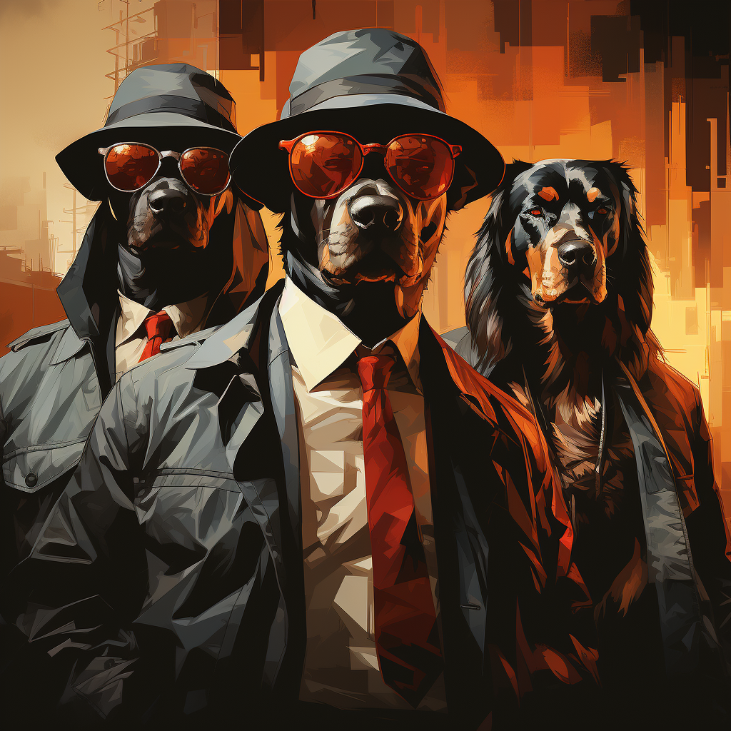 Minimalist vector illustration of dogs as mobsters