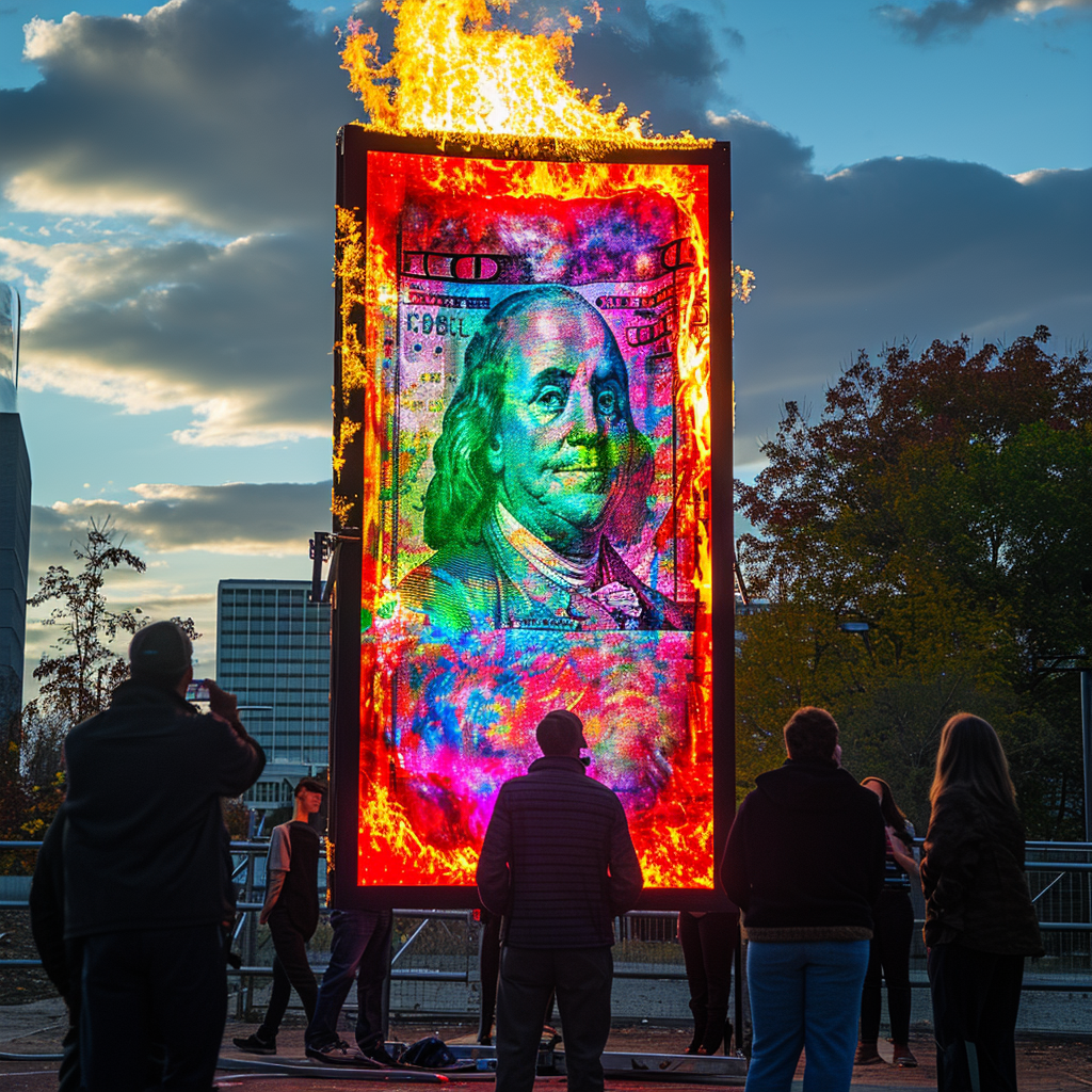 Colorful Dollar Bill on Fire Painting at Outdoor Art Event