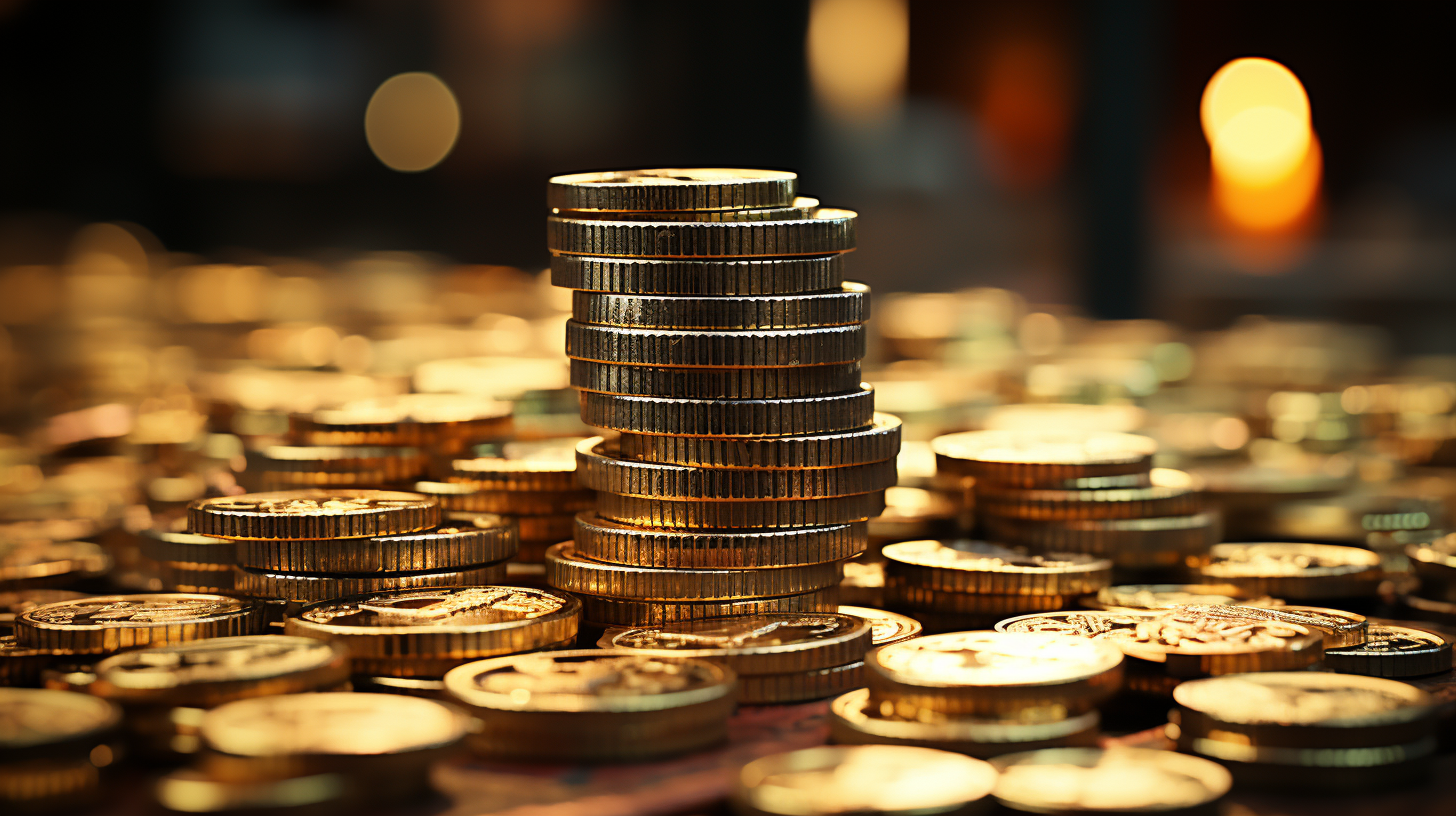 Close-up of Stacks of Dollar Bills and Gold Coins