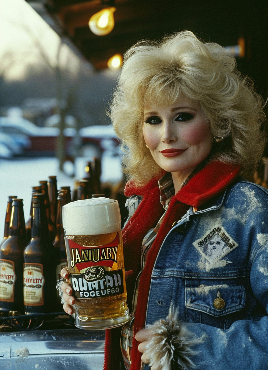 Dolly Parton holding a large beer in January