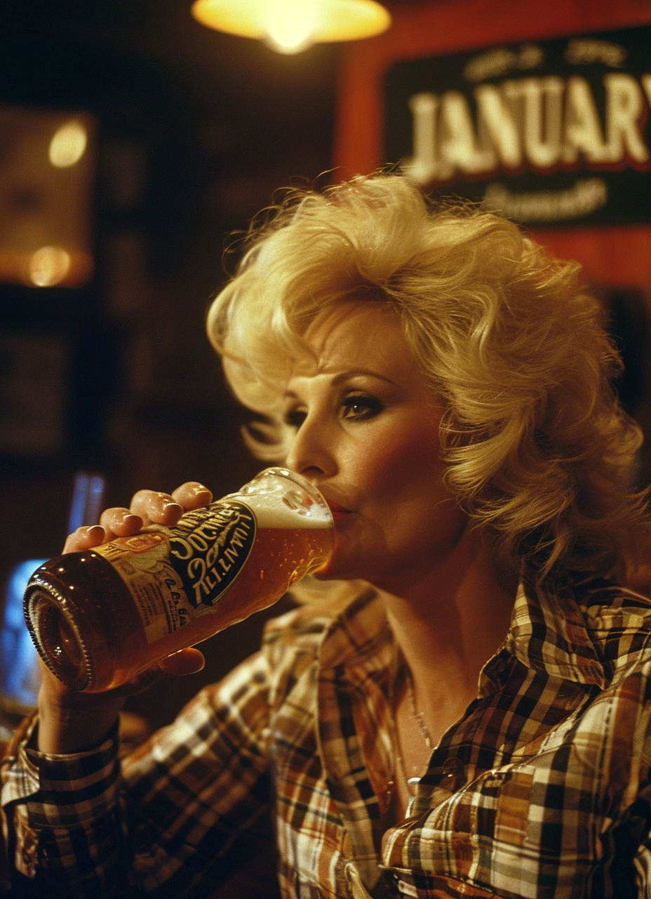 Dolly Parton sipping beer in January