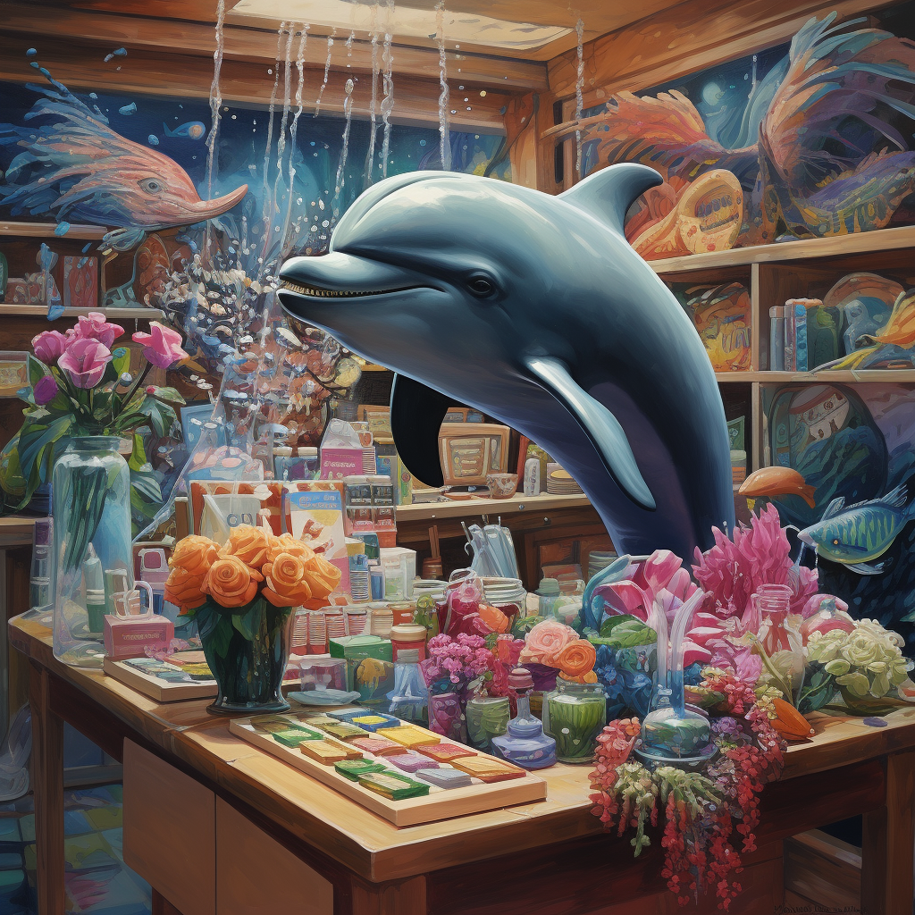 Dolphin working in a gift shop