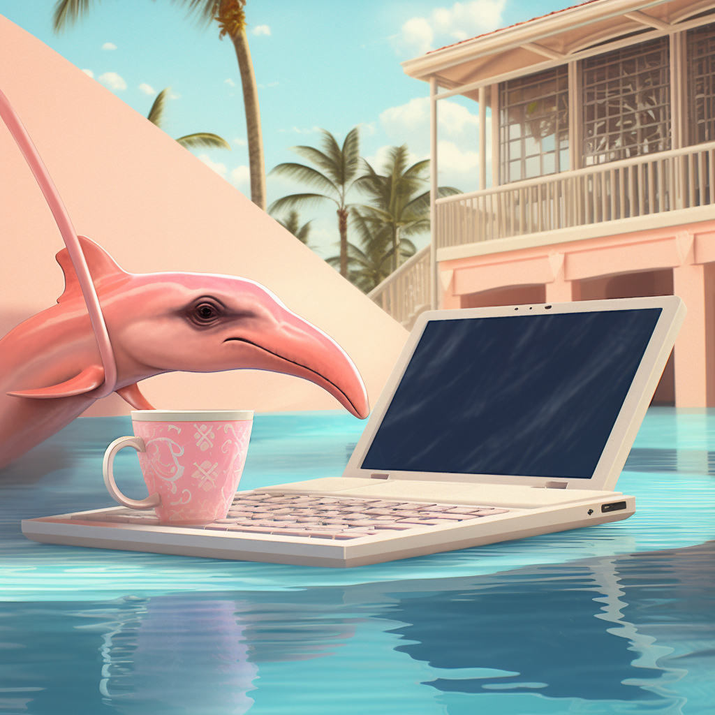 Dolphin enjoys laptop and tropical drink