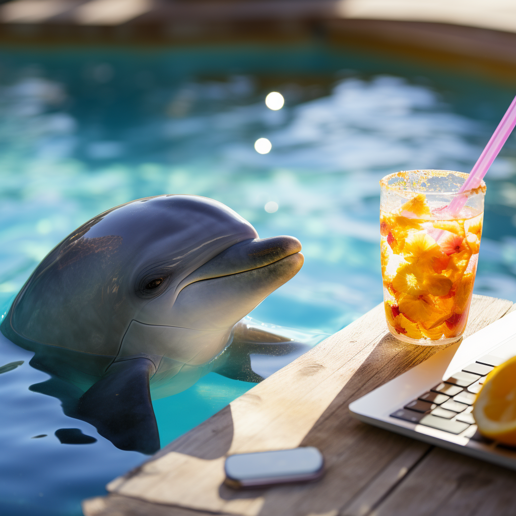 Dolphin enjoying pool time and tropical drink ?