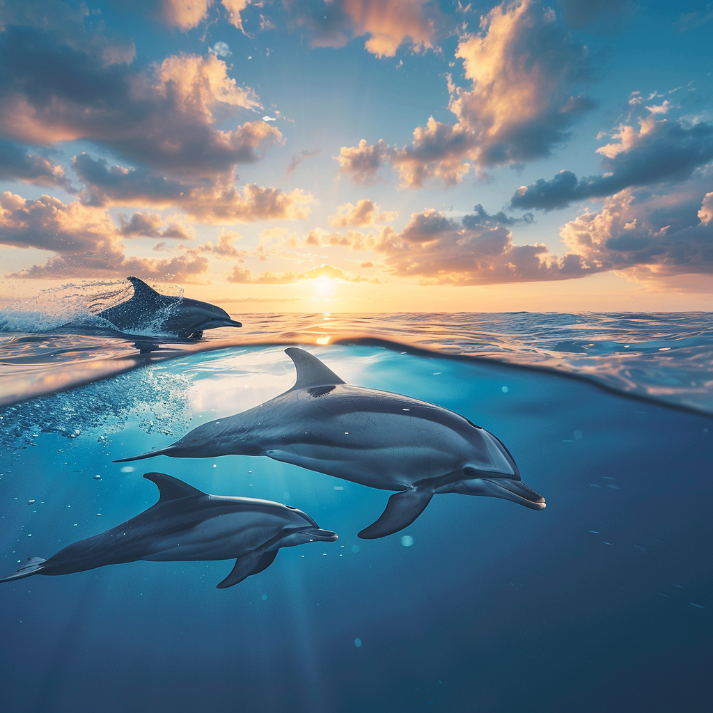 Dolphins in tropical seas at sunset