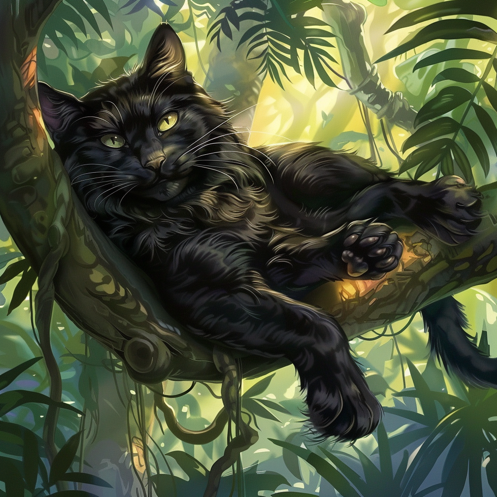 Black Cat Relaxing in Tree