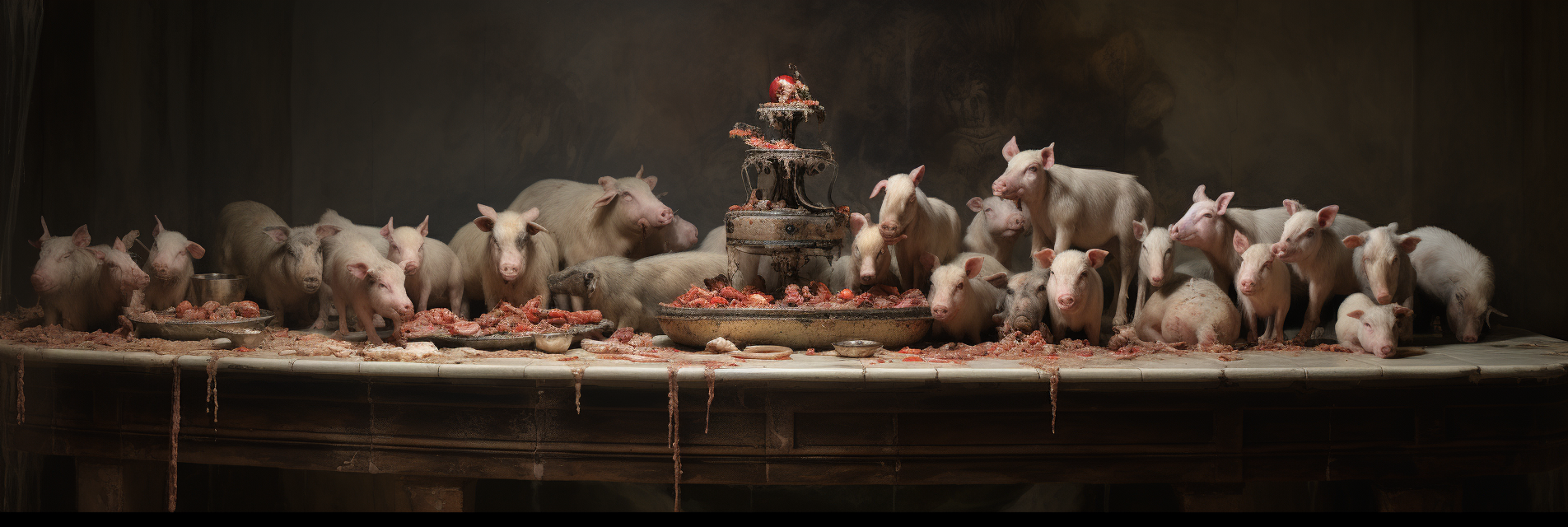 Domestic pigs eating at feeding trough