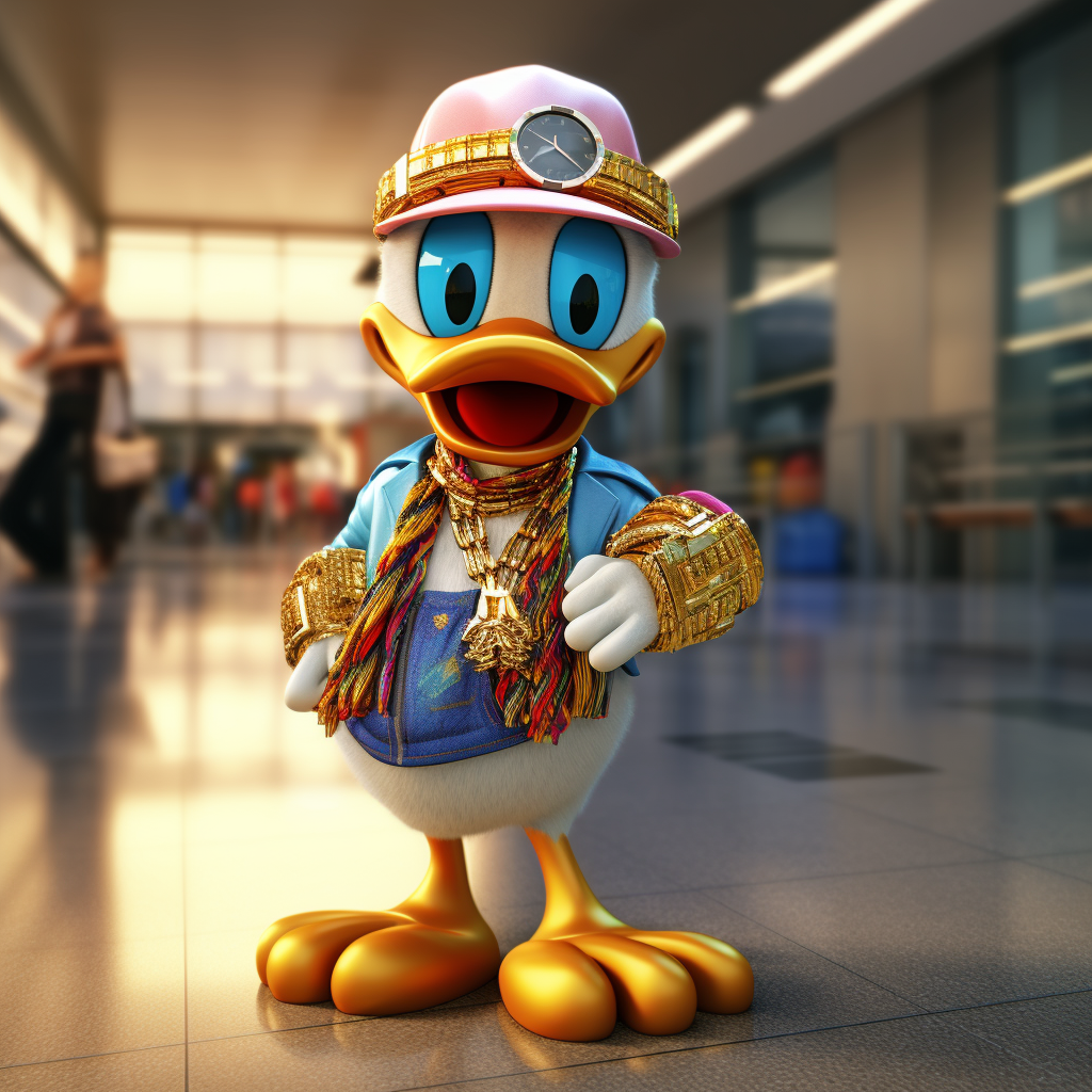 Donald Duck in rainbow maxi dress