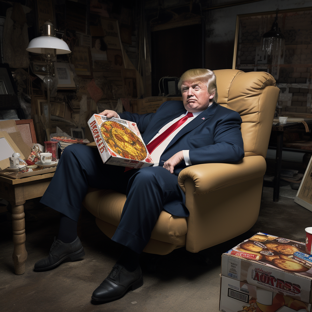 Donald Trump eating pizza in a comfy chair