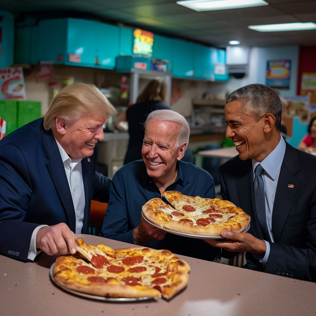 Donald Trump, Joe Biden, and Barack Obama sharing pizza